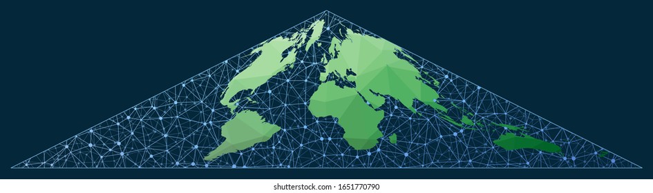 Abstract map of world network. Collignon projection. Green low poly world map with network background. Elegant connected globe for infographics or presentation. Vector.