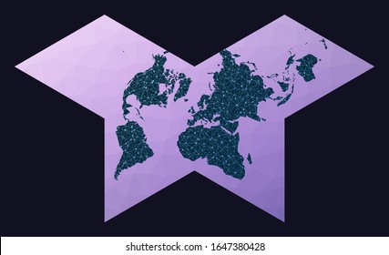 Abstract map of world network. Gnomonic butterfly projection. World network map. Wired globe in Polyhedral Butterfly projection on geometric low poly background. Powerful vector illustration.