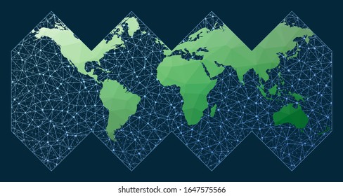 Abstract map of world network. Healpix projection. Green low poly world map with network background. Vibrant connected globe for infographics or presentation. Vector.