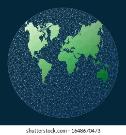 Abstract map of world network. Van Der Grinten 2 projection. Green low poly world map with network background. Radiant connected globe for infographics or presentation. Vector.