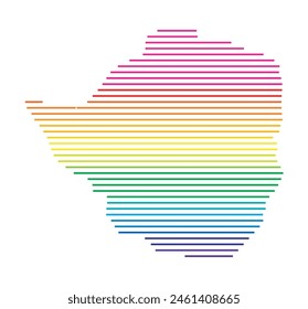 Abstract map of Zimbabwe showing the area of the country with horizontal parallel lines in rainbow colors