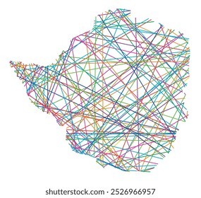 Abstract map of Zimbabwe showing the country with random crossing colored lines like a spider web