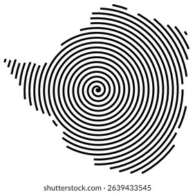 Abstract map of Zimbabwe showing the country with a black spiral line