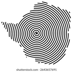 Mapa abstrato do Zimbábue mostrando o país com uma linha espiral preta