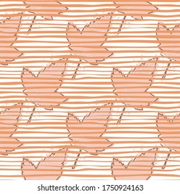 Abstract maple leaves seamless pattern on stripes background. Autumn leaf wallpaper. Decorative backdrop for fabric design, textile print, wrapping paper, cover. Vintage vector illustration