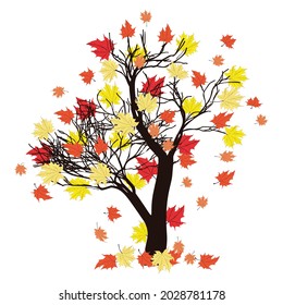 Abstract maple tree with falling autumn leaves on white background.
