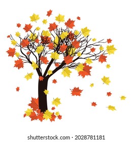 Abstract maple tree with falling autumn leaves on white background.