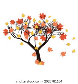 Abstract maple tree with falling autumn leaves on white background.