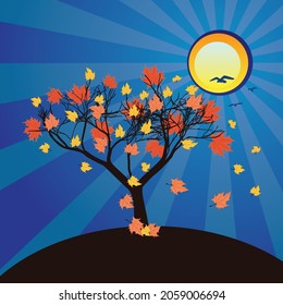 Abstract maple tree with falling autumn leaves over blue sky background.