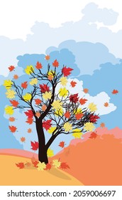 Árbol de arce abstracto con hojas otoñales caídas sobre fondo azul del cielo.