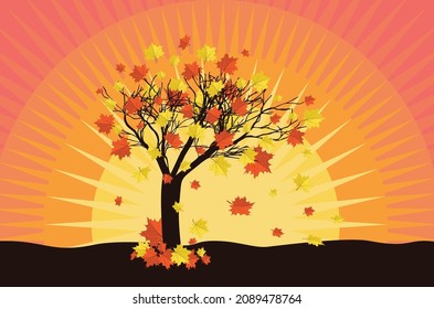 Abstract maple tree with falling autumn leaves over sunset sky background.