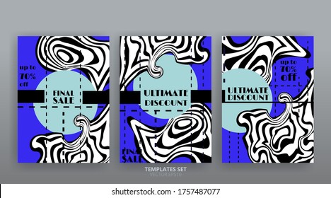 Abstract marable texture advertising placard design template. Trendy geometric lines poster and fluid cover design. Glitch creative background, Vector Brochure, Invitation, Presentation, Sale banner.
