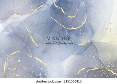 Abstract marble dusty cyan grey blush liquid watercolor background with gold lines. Royal blue gray alcohol ink drawing effect backdrop for obituary, invitation, corporate flyer. Vector illustration