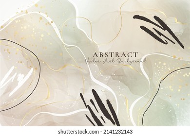 Abstract marble dusty green blush liquid watercolor background with gold. Royal beige taupe alcohol ink drawing effect backdrop for wedding, menu, invitation, corporate flyer. Vector illustration.