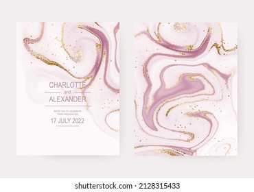 Abstract marble holiday invitation design cards with curly gold waves.