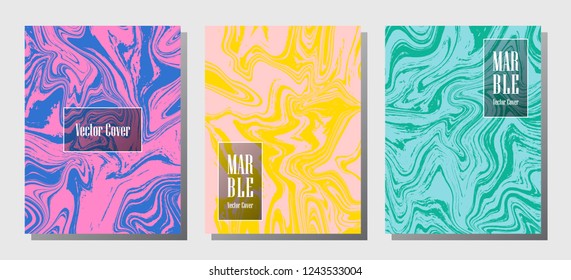 Abstract marble prints, vector cover design templates. Fluid marble stone texture iInteriors fashion magazine backgrounds  Corporate journal patterns set of liquid paint waves. Brochure covers set.