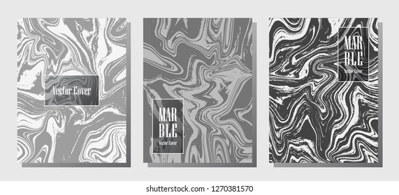 Abstract marble prints, vector cover design templates. Fluid marble stone texture iInteriors fashion magazine backgrounds  Corporate journal patterns set of liquid ink waves. Notebook prints set.