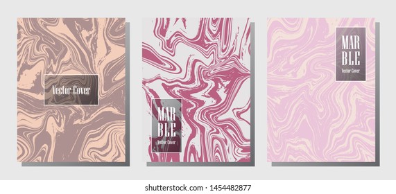 Abstract marble prints, vector cover design templates. Fluid marble stone texture iInteriors fashion magazine backgrounds  Corporate journal patterns set of liquid oil waves. Report covers.
