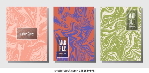 Abstract marble prints, vector cover design templates. Fluid marble stone texture iInteriors fashion magazine backgrounds  Corporate journal patterns set of liquid oil waves. Brochure covers set.