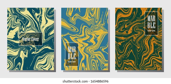 Abstract marble prints, vector cover design templates. Fluid marble stone texture iInteriors fashion magazine backgrounds  Corporate journal patterns set of liquid paint waves. Report covers.