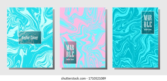 Abstract marble prints, vector cover design templates. Fluid marble stone texture iInteriors fashion magazine backgrounds  Corporate journal patterns set of liquid paint waves. Flyers, banners set.