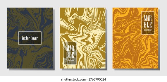 Abstract marble prints, vector cover design templates. Fluid marble stone texture iInteriors fashion magazine backgrounds  Corporate journal patterns set of liquid clay waves. Brochure covers set.
