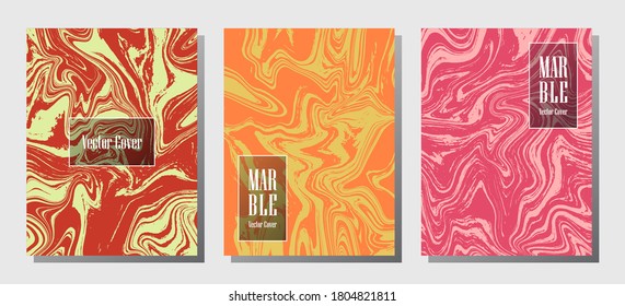 Abstract marble prints, vector cover design templates. Fluid marble stone texture iInteriors fashion magazine backgrounds  Corporate journal patterns set of liquid clay waves. Splash effect prints.
