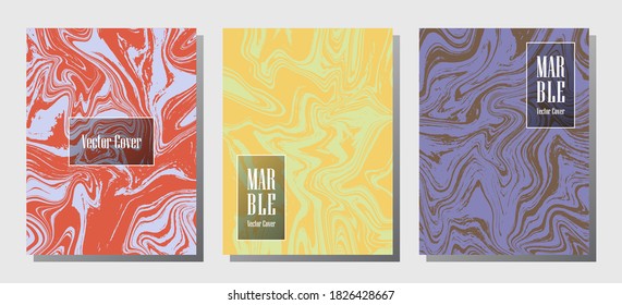 Abstract marble prints, vector cover design templates. Fluid marble stone texture iInteriors fashion magazine backgrounds  Corporate journal patterns set of liquid oil waves. Cover pages set.
