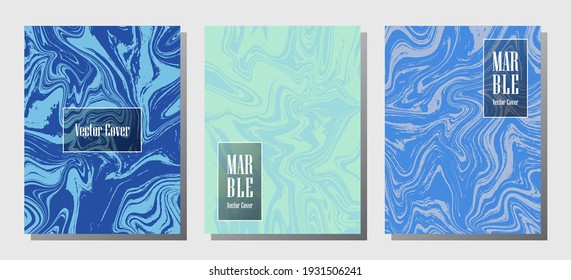 Abstract marble prints, vector cover design templates. Fluid marble stone texture iInteriors fashion magazine backgrounds  Corporate journal patterns set of liquid clay waves. Report covers.