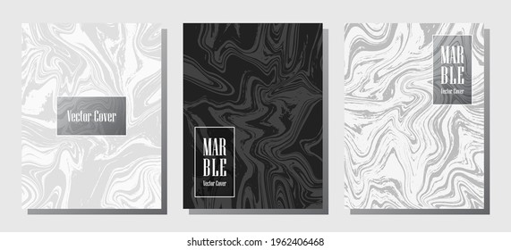 Abstract marble prints, vector cover design templates. Fluid marble stone texture iInteriors fashion magazine backgrounds  Corporate journal patterns set of liquid clay waves. Notebook prints set.