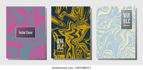 Abstract marble prints, vector cover design templates. Fluid marble stone texture iInteriors fashion magazine backgrounds  Corporate journal patterns set of liquid ink waves. Cover pages set.