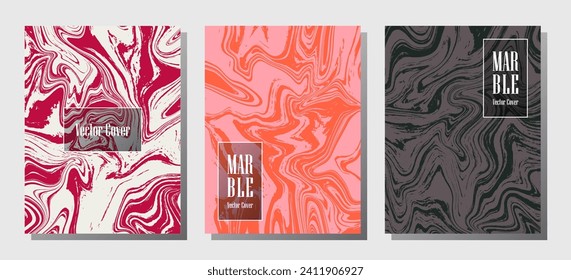 Abstract marble prints, vector cover design templates. Fluid marble stone texture iInteriors fashion magazine backgrounds  Corporate journal patterns set of liquid clay waves. Cover pages set.