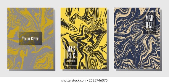 Abstract marble prints, vector cover design templates. Fluid marble stone texture iInteriors fashion magazine backgrounds  Corporate journal patterns set of liquid clay waves. Brochure covers set.