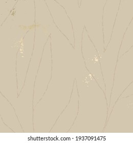 Abstract Marble Trendy Texture in neutral beige colors with floral brush botanical leaves thin delicate pattern and touch of gold foil shimmer texture patina. Trendy Chic Background  
