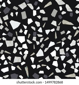 Abstract marble wallpaper. Terrazzo seamless pattern design on black background. Natural stone, granite, quartz shapes. Rock backdrop textured. Vector illustration.