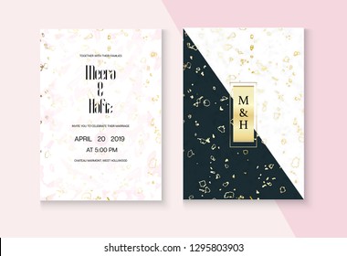 Abstract Marble Wedding Invitation Vector Set. RSVP, Thank You Card, Grunge Concept or Poster. Noble Soft Faded Nice Marbling Texture, Pink, Grey, White Invitation Card. Graphic Marble Wedding Kit