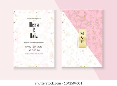 Abstract Marble Wedding Invitation Vector Set. Marbling Texture, Pink, Grey, White Invitation Card. RSVP, Thank You Card, Grunge Concept or Poster. Noble Soft Faded Nice Fashion Marble Wedding Kit