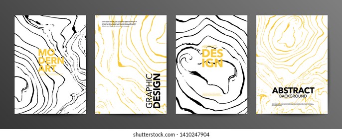 Abstract marbled paper vector banner set. Monochrome illustrations with text space. Trendy ebru stains posters pack. Yellow, black and white fluid swirl paintings. Creative minimalistic backgrounds