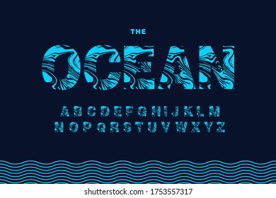 Abstract marbled texture alphabet font. Marine style fonts lettering. Vector