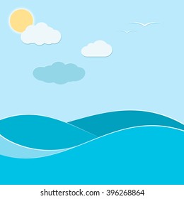Abstract marine background. Sea waves, clouds, sun and seagulls. Vector illustration.