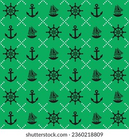 Abstract Marine Icons Seamless Minimalist Pattern Vector Design Nautical Background Boat Anchor Rope Sea Materials Connected With Dots Green Black Tones