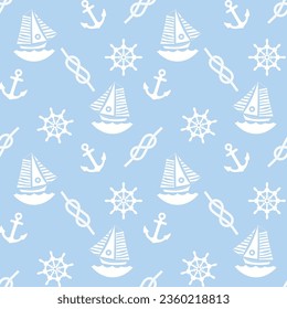 Abstract Marine Icons Seamless Minimalist Pattern Vector Design Nautical Background Boat Anchor Rope Sea Materials Sky Blue