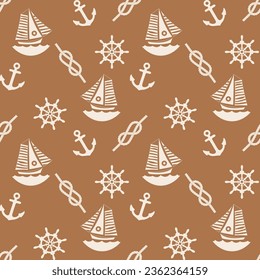 Abstract Marine Icons Seamless Minimalist Pattern Vector Design Nautical Background Boat Anchor Rope Sea Materials Amber Brown Tones
