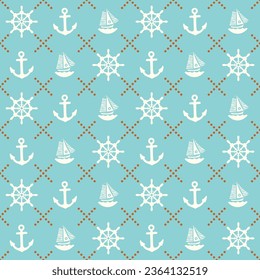 Abstract Marine Icons Seamless Minimalist Pattern Vector Design Nautical Background Boat Anchor Rope Sea Materials Connected With Dots Pool Blue Tones