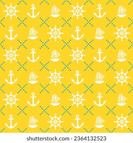 Abstract Marine Icons Seamless Minimalist Pattern Vector Design Nautical Background Boat Anchor Rope Sea Materials Connected With Dots Bright Yellow Tones