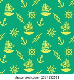 Abstract Marine Icons Seamless Minimalist Pattern Vector Design Nautical Background Boat Anchor Rope Sea Materials Green Yellow Tones
