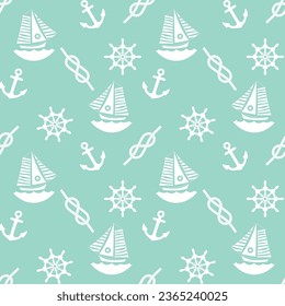 Abstract Marine Icons Seamless Minimalist Pattern Vector Design Nautical Background Boat Anchor Rope Sea Materials Mint Blue Tones