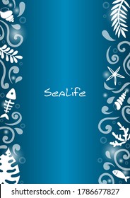 Abstract marine life with line curve frame vector on blue background for decoration on summer holiday events.