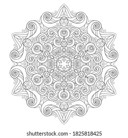 Abstrakte Marine Mandala mit stylisierten Wellen auf weißem, isoliertem Hintergrund. Zum Färben von Buchseiten.