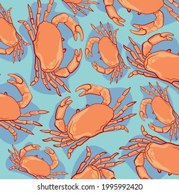 Abstract marine pattern with crabs. Blue background.